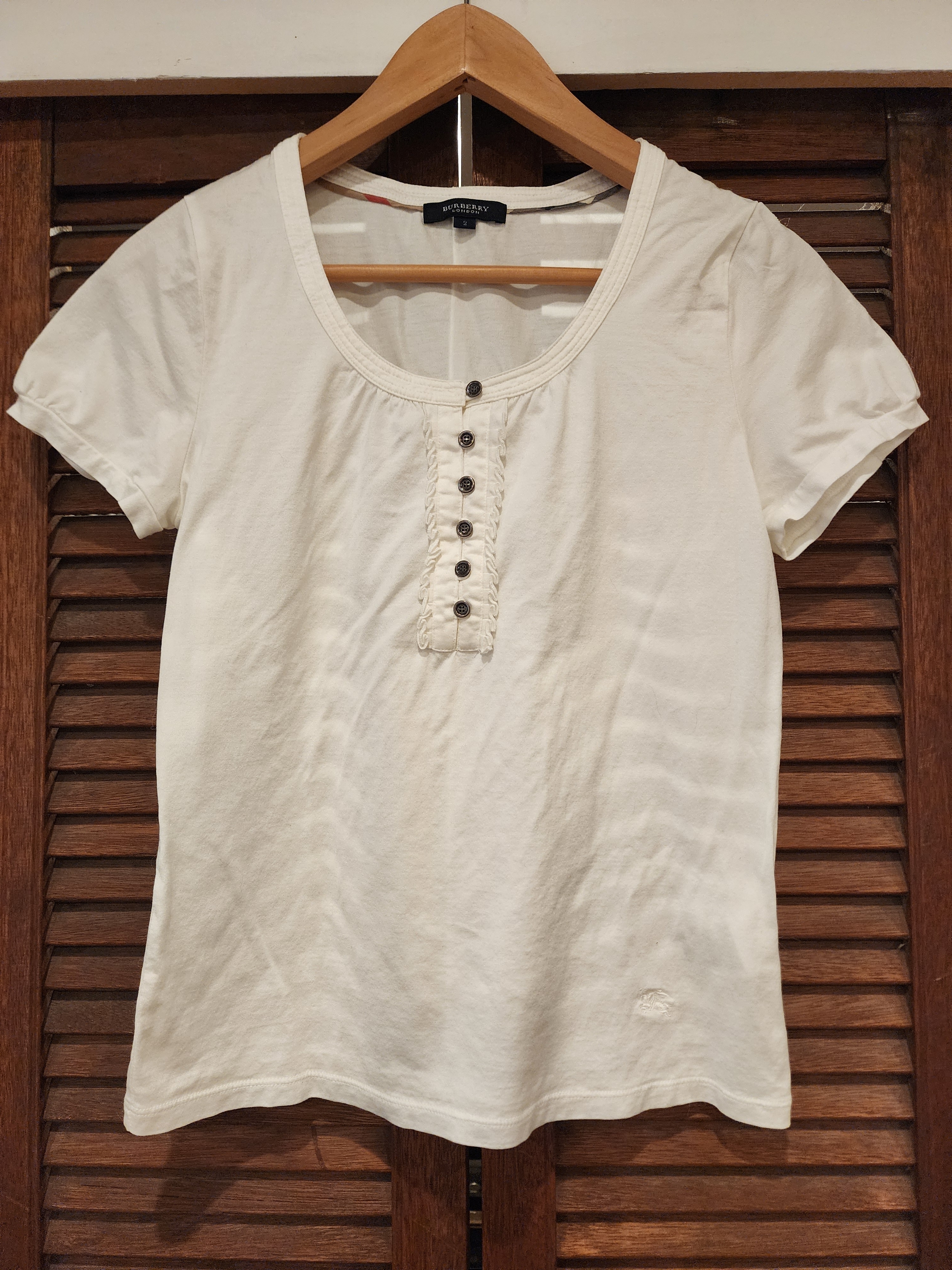 Burberry White Short Sleeve Henley Top With Button Placket Xs
